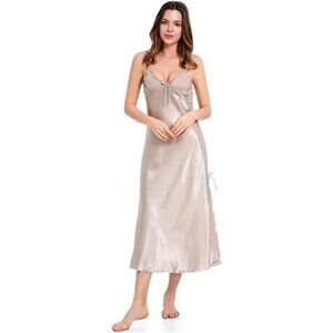 Womens Long Sleeveless Satin Dress Khaki